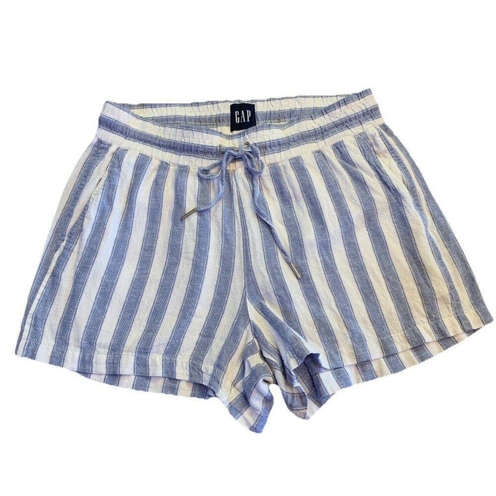 Gap Linen Blend Shorts Sz Small Stretchy Waist Blue Striped Summer Beach Coastal